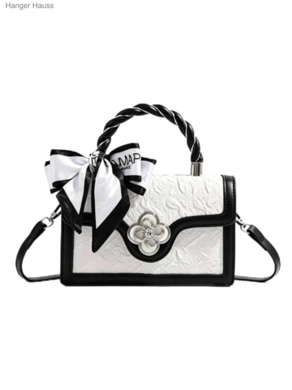 Faux Leather Floral Metal Lock Crossbody Shoulder Bag with Detachable Silk